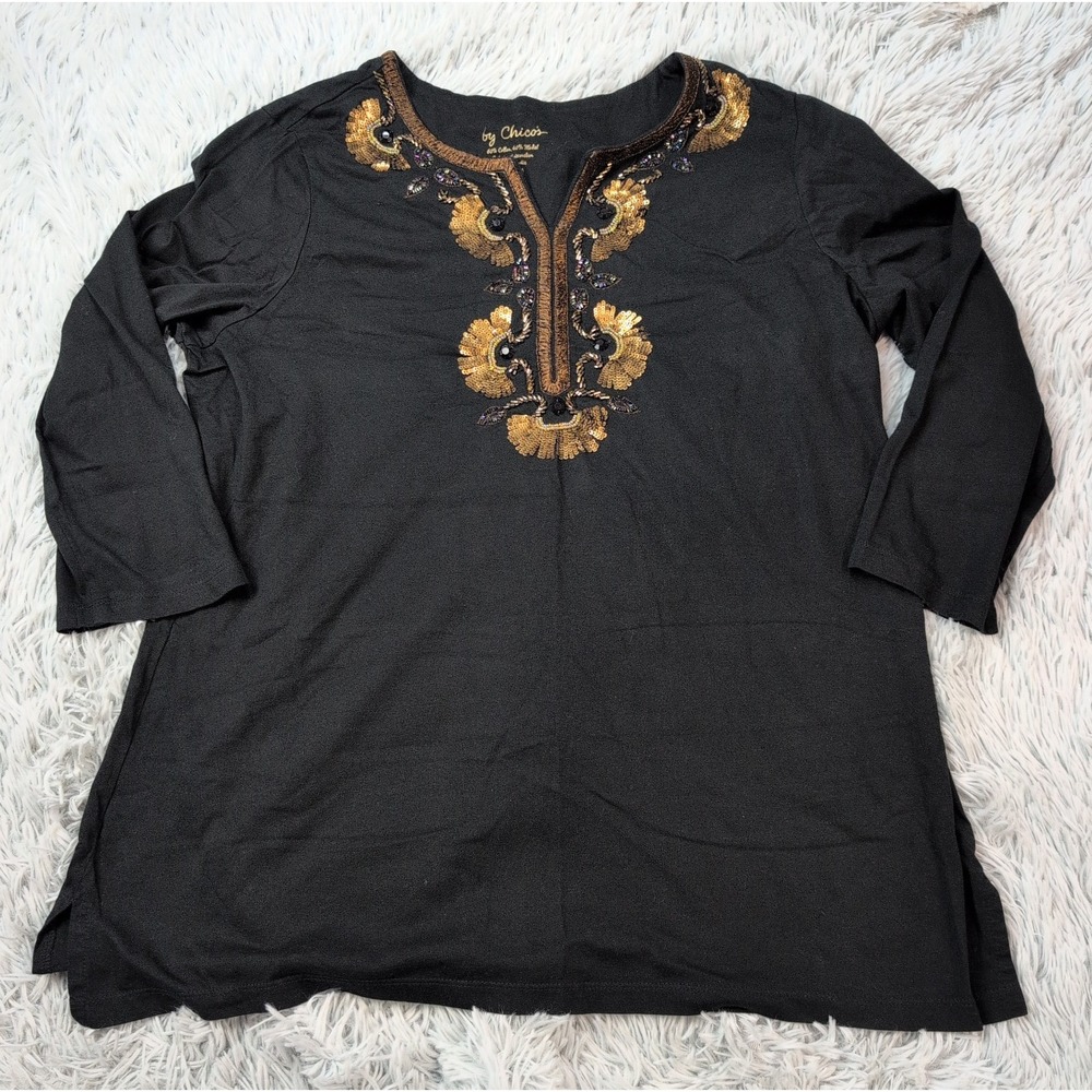 Chico's Shirt Womens 3 Black Beaded Comfort Preppy Casual Lightweight XL